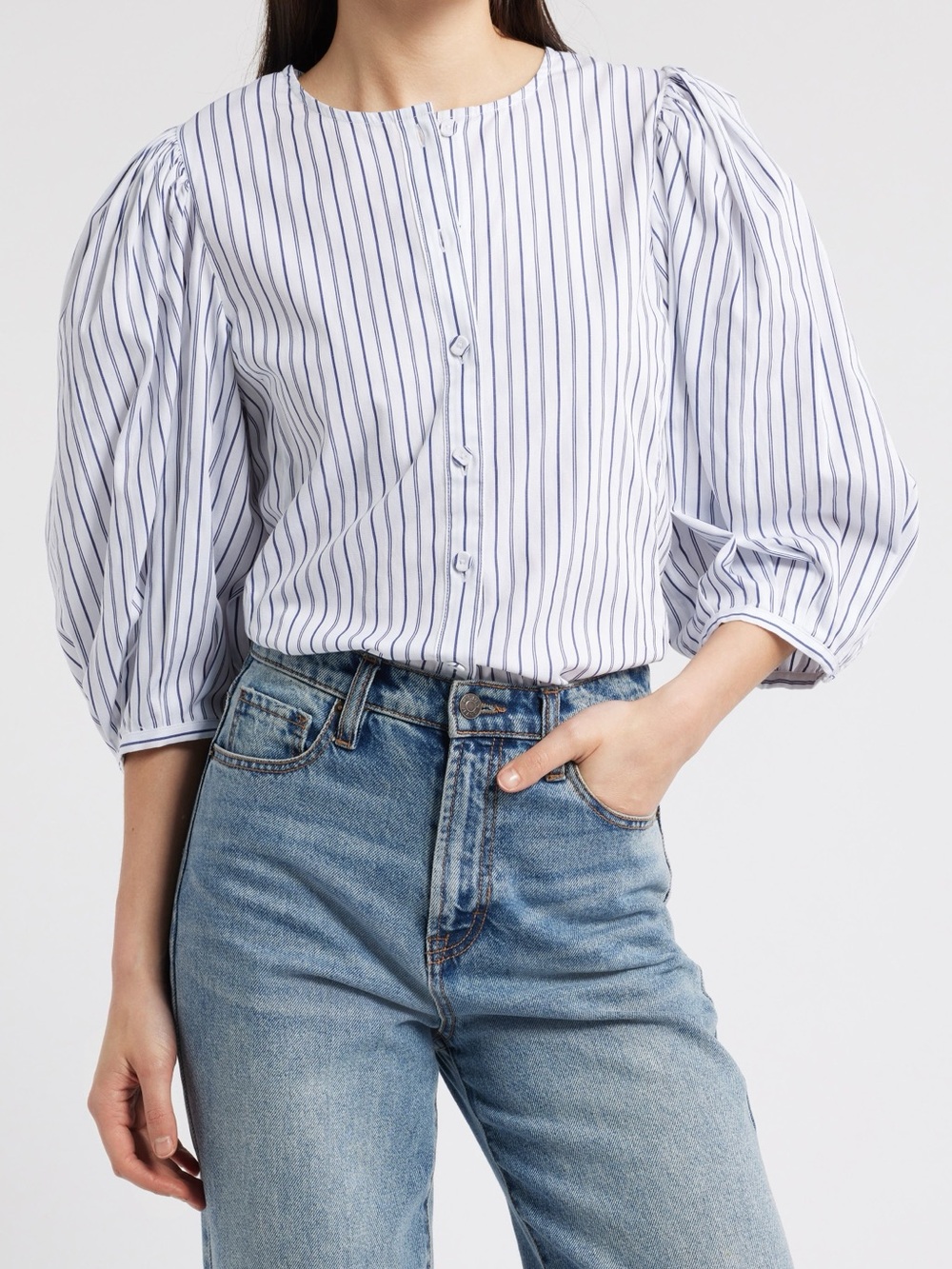 Madewell Puff-Sleeve Button-Up Top in Stripe Size 4 100% Cotton